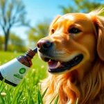 Caring owner giving CBD Oil For Dog to their golden retriever in a sunny park.