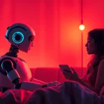 Engaging in a sex ai chat with a friendly AI character in a cozy, intimate setting.