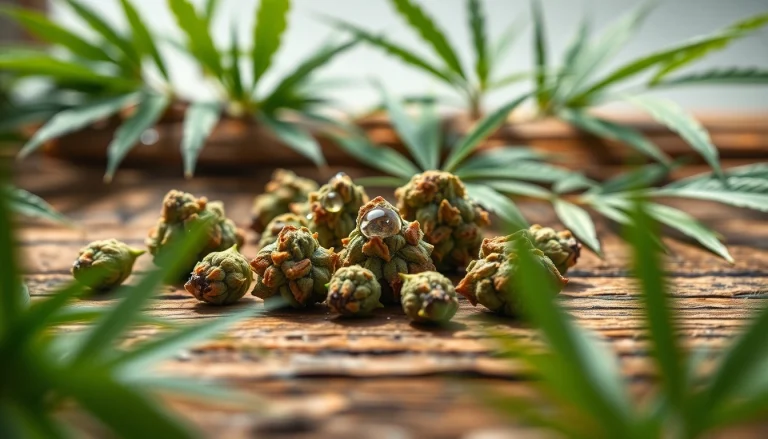 Highlighting Mental Wellness CBD buds on a rustic surface with fresh leaves, showcasing their calming essence.