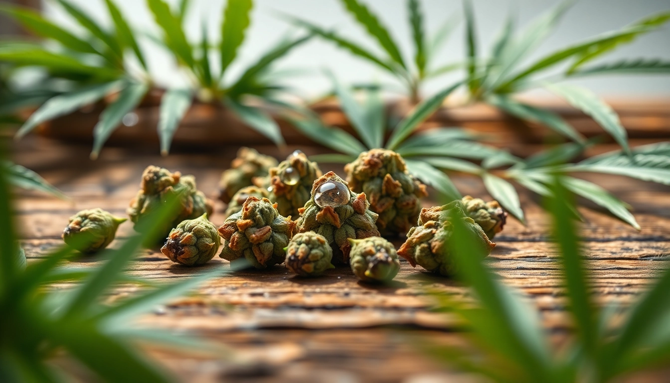 Highlighting Mental Wellness CBD buds on a rustic surface with fresh leaves, showcasing their calming essence.