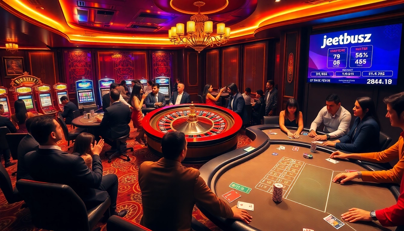 Experience thrilling wins with jeetbuzz at an upscale casino filled with roulette wheels and poker excitement.