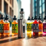 Vape & E-Liquids showcased with colorful bottles next to a sleek vape device on a wooden table.