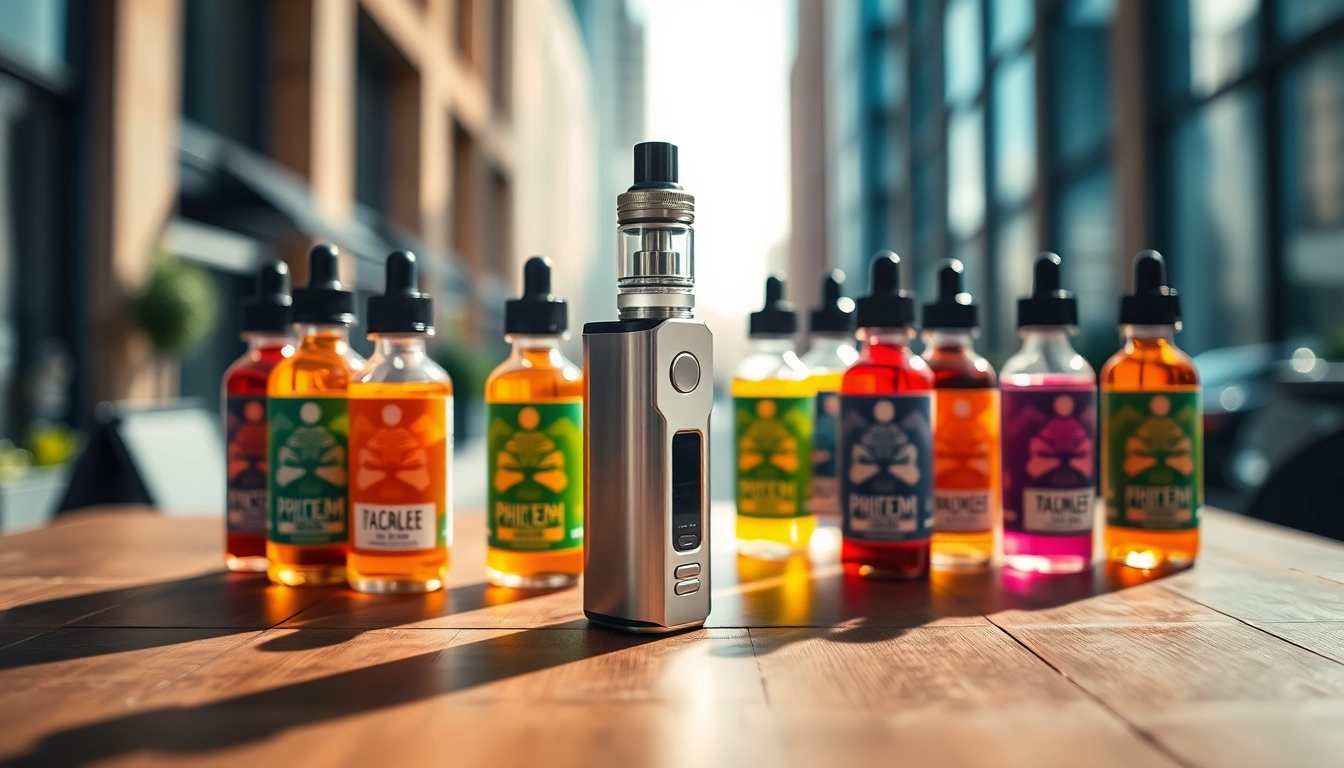 Vape & E-Liquids showcased with colorful bottles next to a sleek vape device on a wooden table.