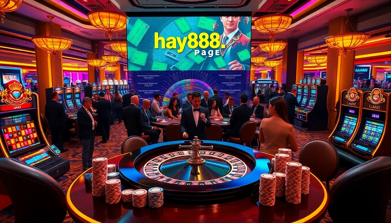 Gambling excitement at hay88.page with luxurious casino atmosphere, roulette, and slot machines.