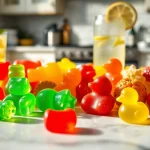 Showcase of Weed Gummies in colorful shapes on a marble surface with fresh mint leaves.