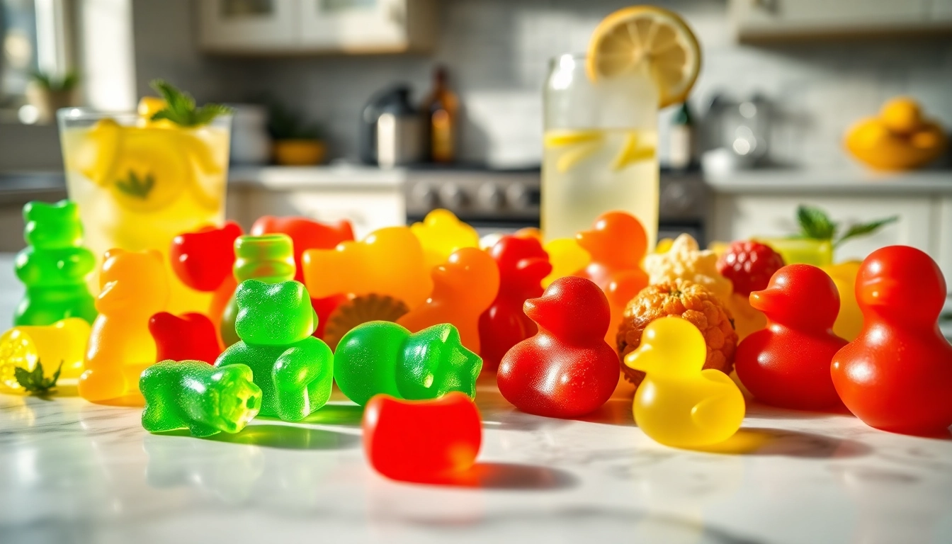 Showcase of Weed Gummies in colorful shapes on a marble surface with fresh mint leaves.