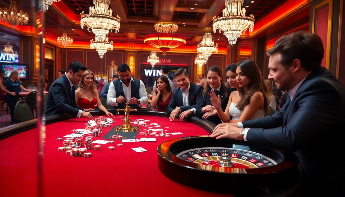 IWIN gaming table filled with poker chips, cards, and excitement in a luxurious casino setting.