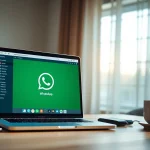 笔记本电脑上显示的 WhatsApp Web 界面，展示快连官网的易用沟通功能。