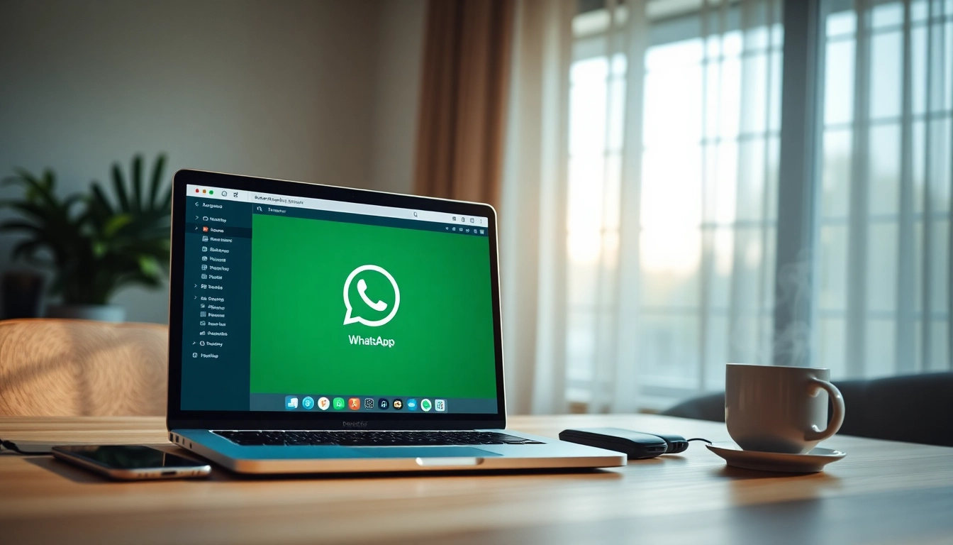 笔记本电脑上显示的 WhatsApp Web 界面，展示快连官网的易用沟通功能。