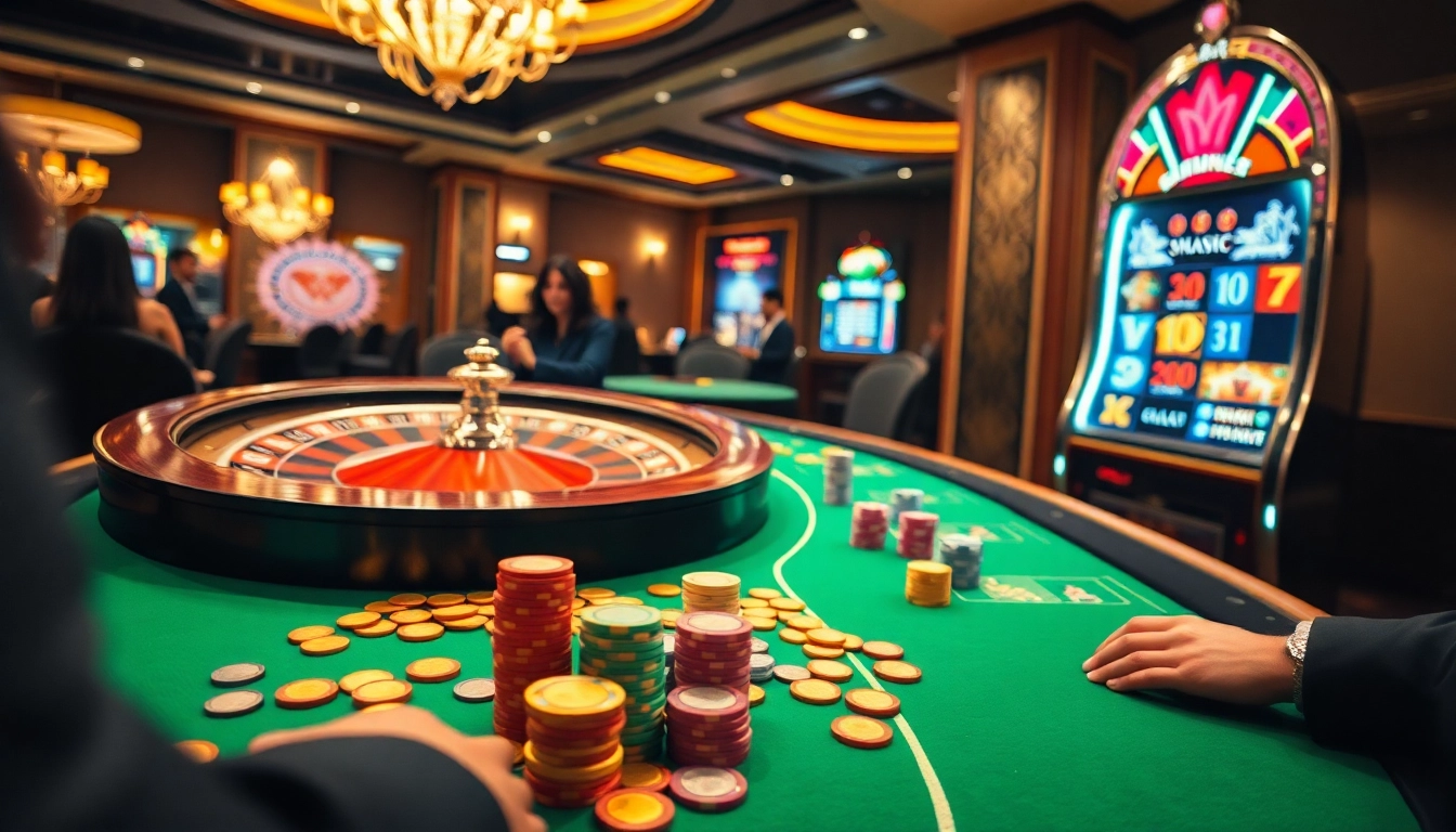Gambling excitement at https://rr88co.net/, showcasing roulette, poker chips, and slot machines.