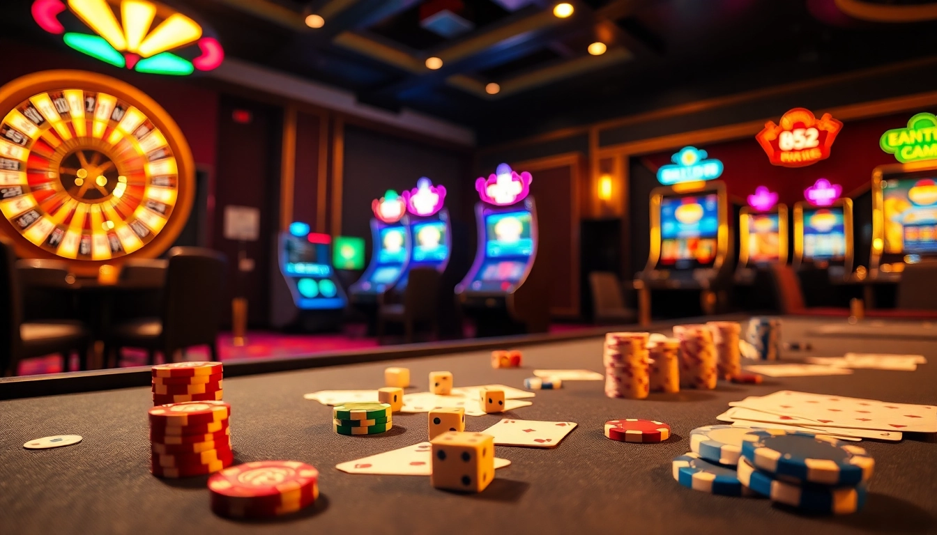 B52club players strategizing at a luxurious casino table with poker chips and cards.