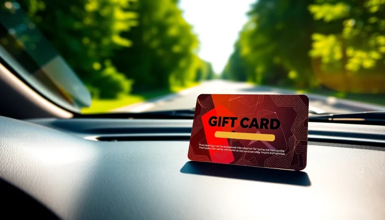 Present a window tint gift card elegantly placed on a car dashboard with sunlight glinting.