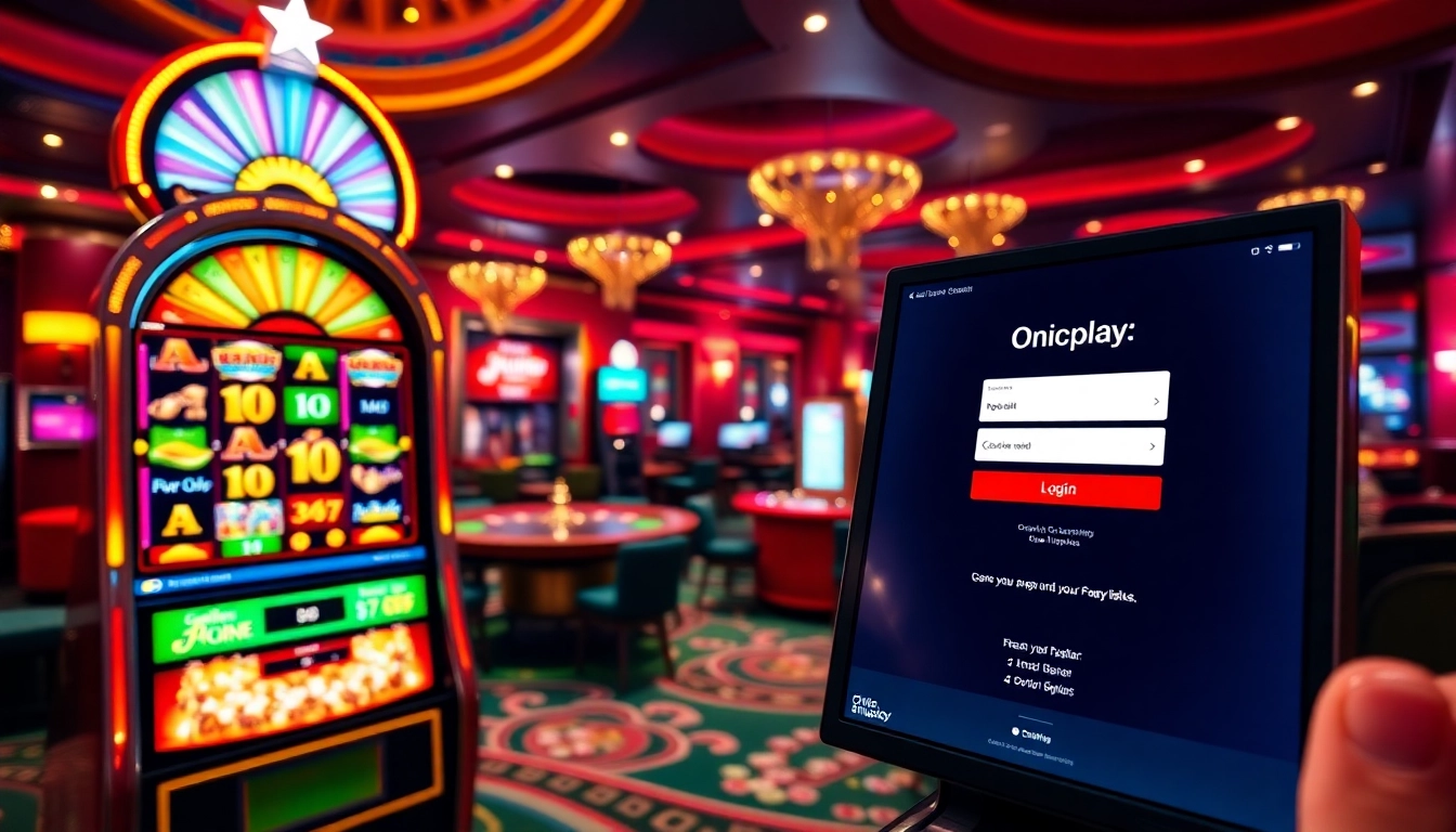 Experience the excitement of Onicplay login with vibrant slot machines and roulette wheels in action.