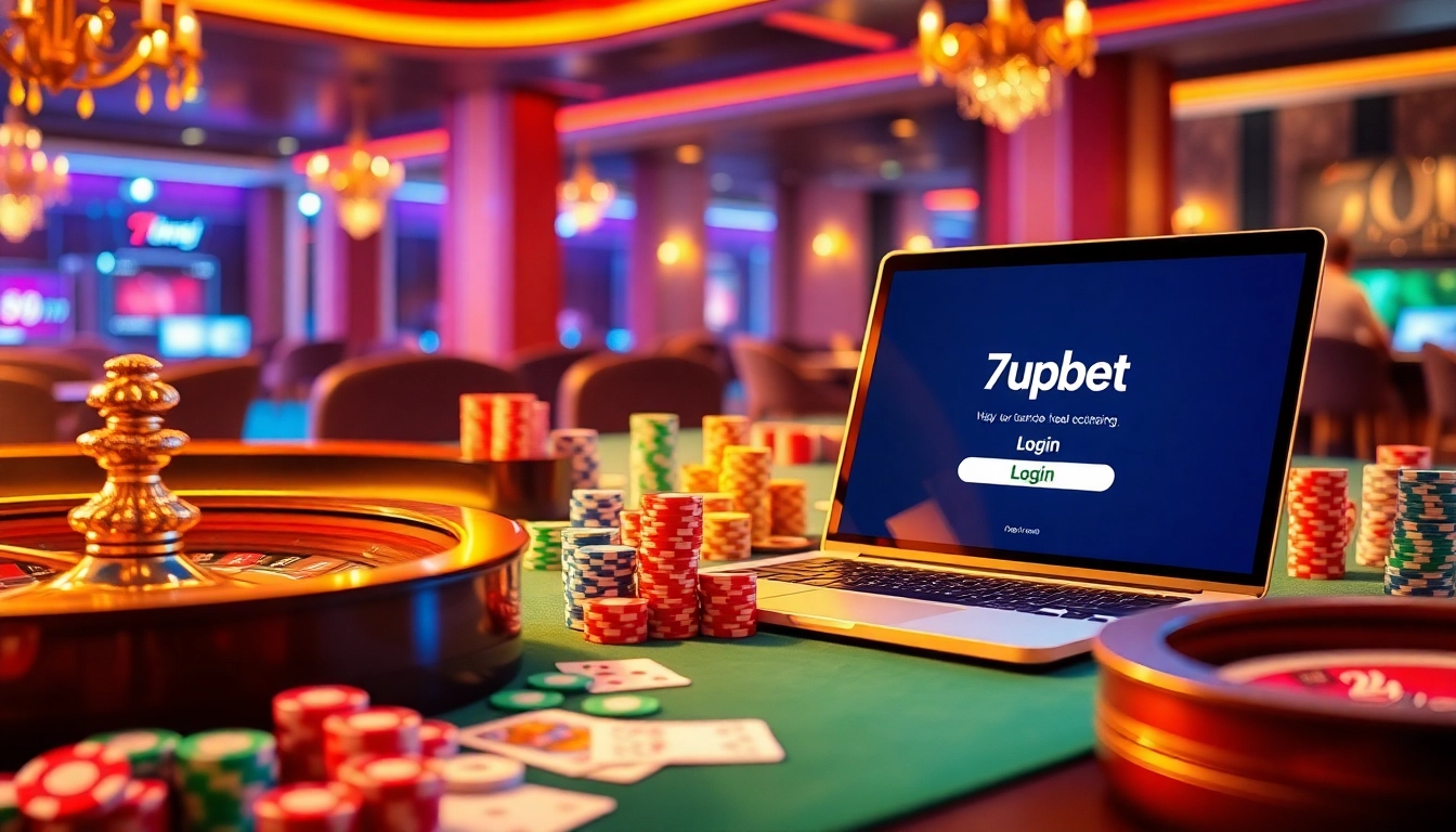 Gamblers celebrating after a successful 7upbet login at a stylish casino table filled with poker chips.
