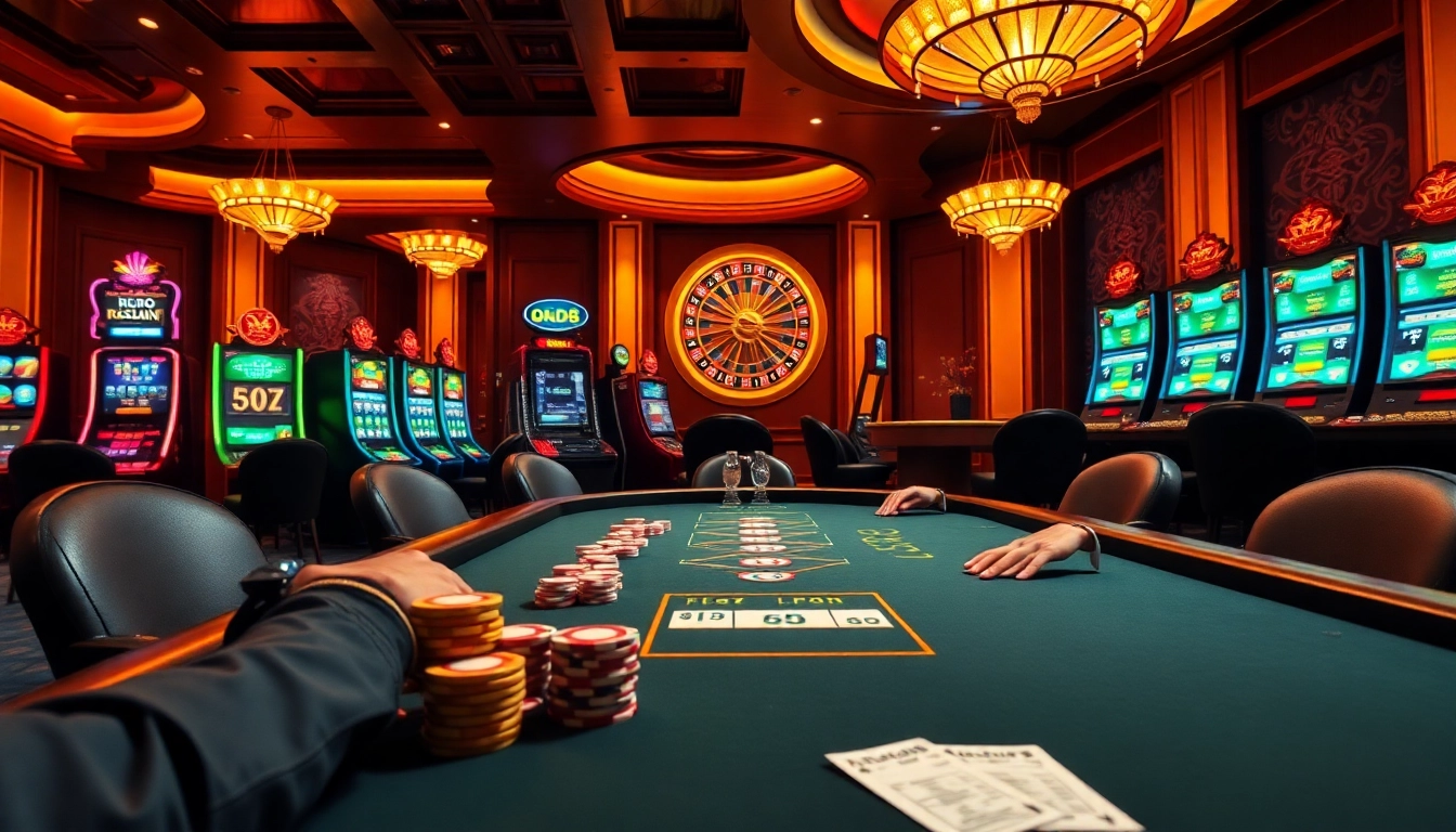 Captivating scene at GOOD88 casino with poker players and vibrant slot machines.