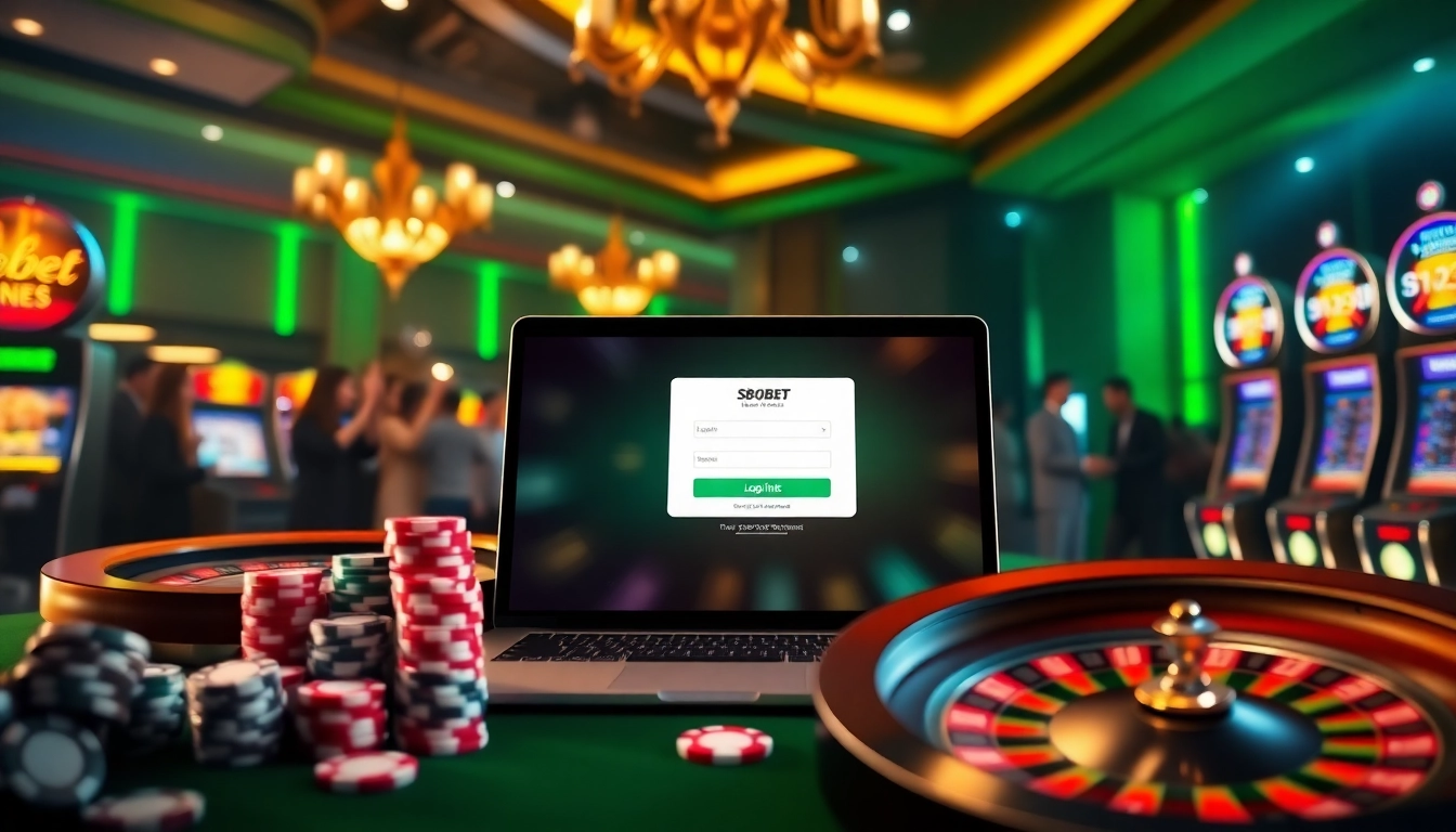 Sbobet login interface displayed on an elegant laptop amidst poker chips and a roulette wheel, symbolizing online gambling excitement.