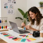 Customizable keychain design process with vibrant materials and creative workspace.