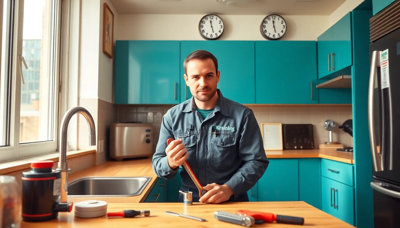 NYC emergency plumber & sewer fixing a burst pipe in a modern kitchen.