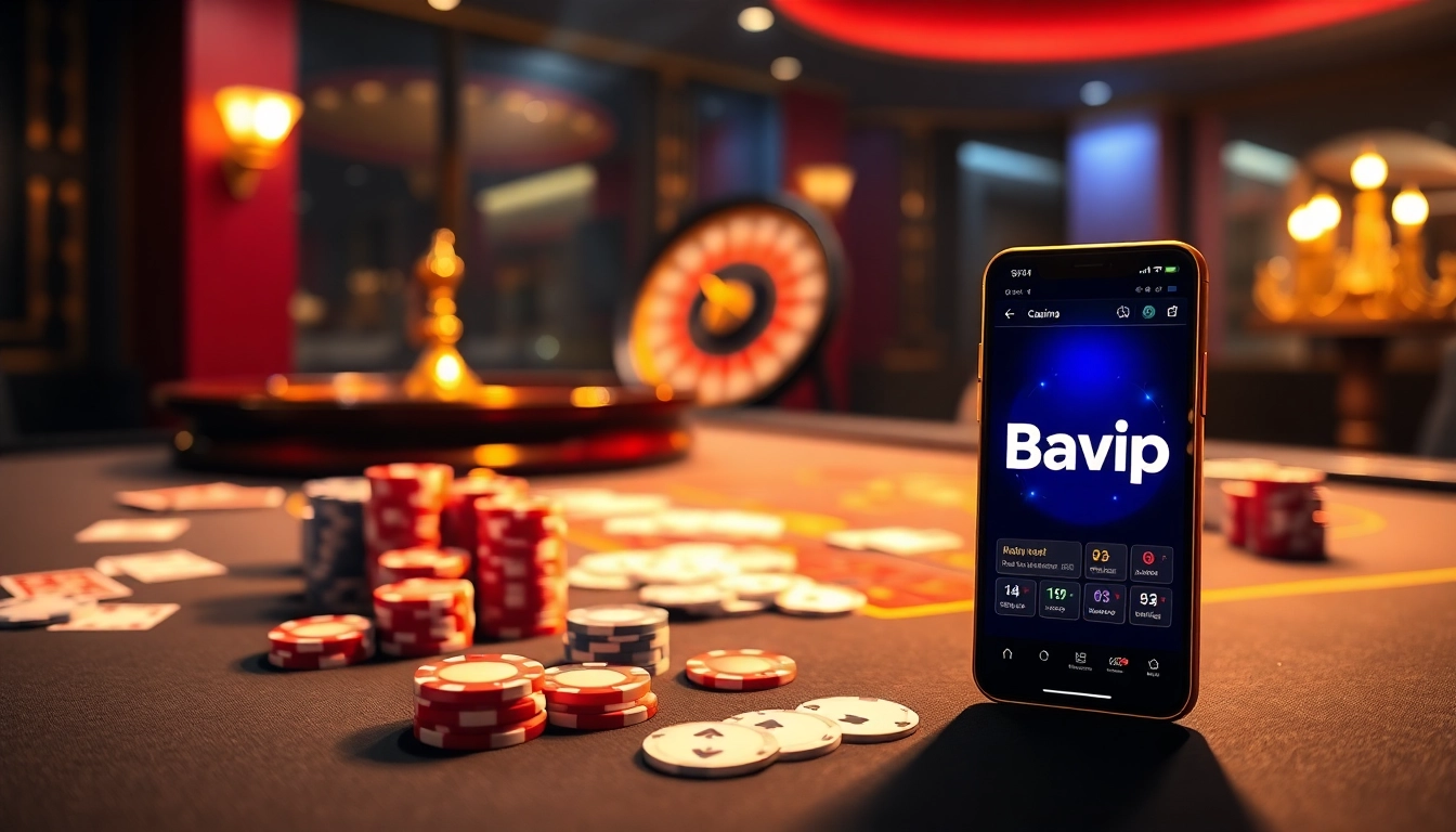 Bayvip casino scene showcasing vibrant poker action with elegant decor and mobile gameplay.
