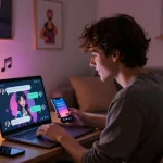 Engaging NSFW character AI chat scene with cozy ambiance and modern tech elements.