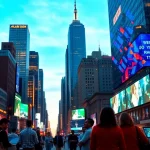 Professional scene of website redesign NYC with modern skyline and people using digital devices.