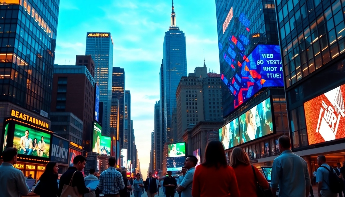 Professional scene of website redesign NYC with modern skyline and people using digital devices.
