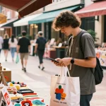 Engaging urban shopping scene at https://forumup.org/shop/search.php?ca_id=&addr1=&addr2=&addr3=&schKeyword= showcasing vibrant storefronts and a shopper browsing unique items.