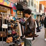 Stylish shopper examining luxury items at a 레플리카 쇼핑몰 in an urban setting.