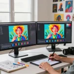 Artist using nano banana AI image editor in a bright studio, creating vibrant digital art.