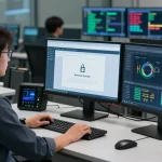 Network security analyst monitoring safety protocols on shs-dome5.com with dual screens and data graphs.