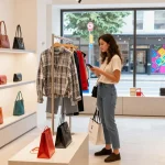 Stylish woman exploring 레플리카 handbags in a vibrant retail space