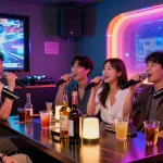 Jeju Island nightlife scene showcasing 제주도유흥 culture with friends enjoying karaoke and drinks.