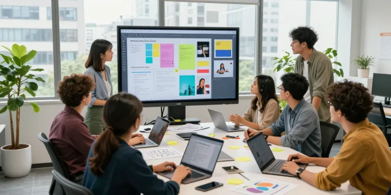 Collaboration session using mixboard ai with diverse team brainstorming ideas on a digital touchscreen in a vibrant office