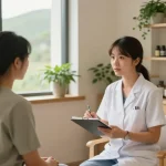 Welcoming atmosphere at 영통한의원 with practitioner consulting a patient, showcasing healing herbs and soothing decor.