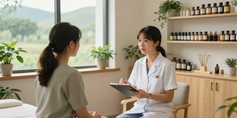 Welcoming atmosphere at 영통한의원 with practitioner consulting a patient, showcasing healing herbs and soothing decor.