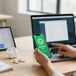 Explore the GB WhatsApp APK features on a sleek smartphone in a modern tech workspace.