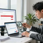 Detect fake invoice in a professional workspace with a businessperson analyzing a suspicious document using AI technology.