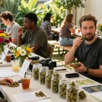Engaging scene of community members sampling flowers weed, surrounded by educational materials and natural greenery, symbolizing wellness.