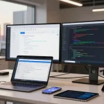 Developer using the ai image checker tool on dual monitors in a tech workspace.