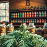 Shop display featuring cannabis for sale near me in elegant jars amid lush greenery.