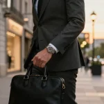 Stylish individual displaying a rolex replica watch in an upscale urban setting.