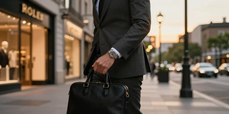 Stylish individual displaying a rolex replica watch in an upscale urban setting.