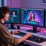 Interactive user customizing their NSFW AI companion with vibrant tech gadgets in a modern workspace.