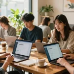 Enjoy the benefits of telegram中文版下载 in a collaborative coffee shop environment with engaged users.