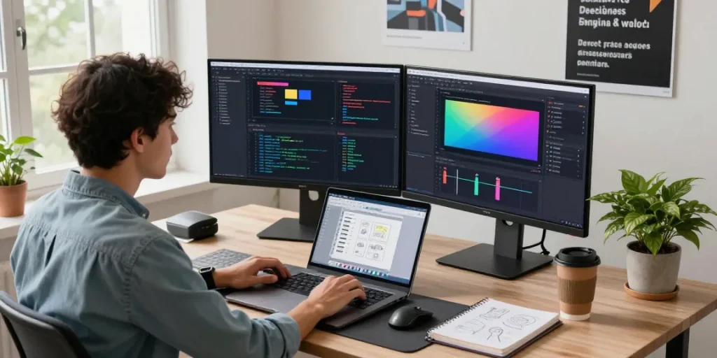 Innovative workspace showcasing Snipaste官网 features with developer coding on dual monitors in a modern office setting.