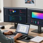 Innovative workspace showcasing Snipaste官网 features with developer coding on dual monitors in a modern office setting.