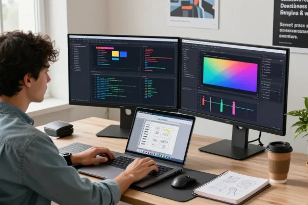 Innovative workspace showcasing Snipaste官网 features with developer coding on dual monitors in a modern office setting.