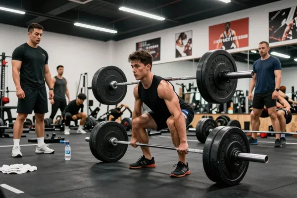 Bodybuilder lifting weights in gym illustrating the power of Deus Medical Steroids for peak athletic performance.