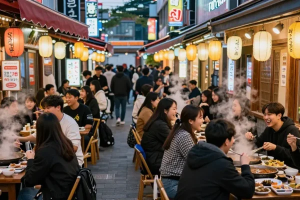 A lively Sangbong-dong 한국관나이트 scene with friends dining outdoors, neon lights, and traditional decor.