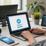 Dynamic workspace scene showcasing telegram中文版下载 on laptop with smartphone notifications and productivity tools.